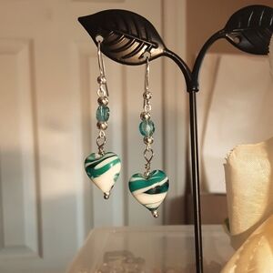 Handmade Glass Bead Heart Earrings Teal White